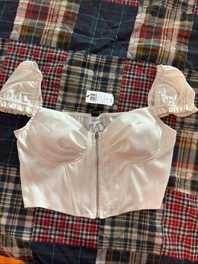 Cream Satin Zip-Front Bustier Top